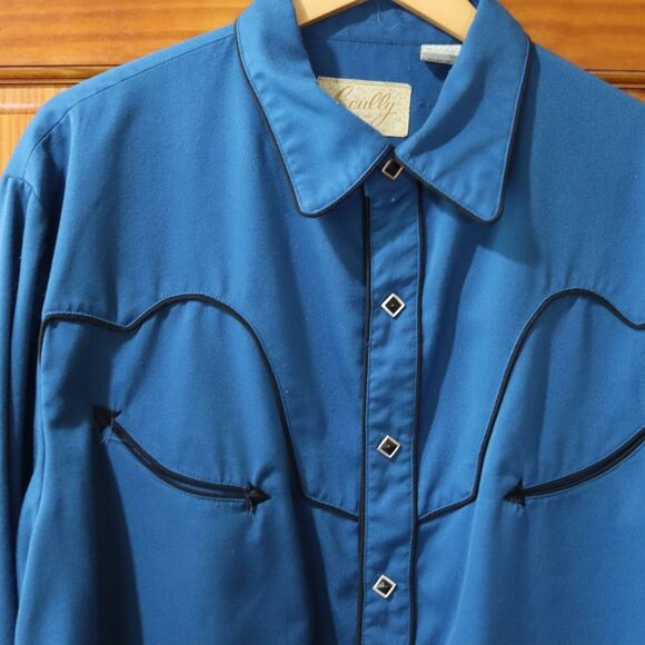 Scully Vintage Blue Western Pearl Snap Rockabilly Mens Snap Button Shirt LG - Picture 3 of 16